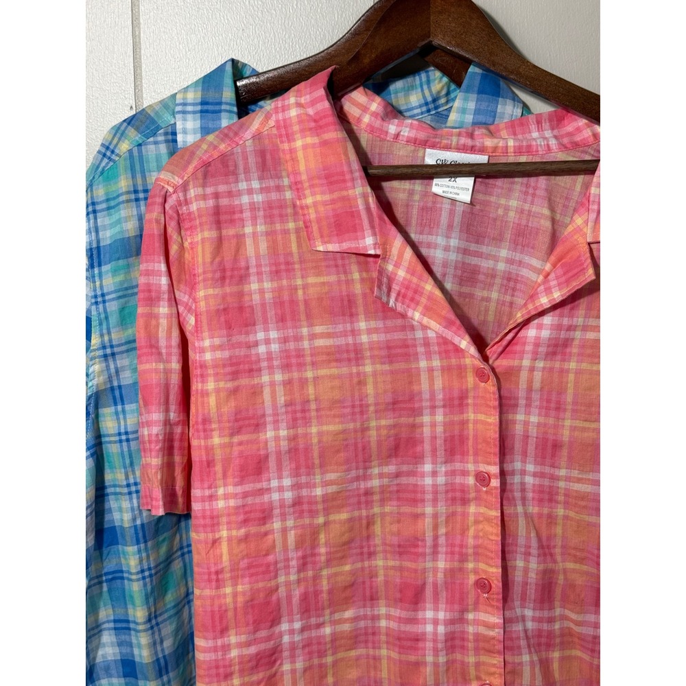 Lot of 2 CW Classics Plaid Button Down Shirts Womens 2X Pink Blue Short Sleeve